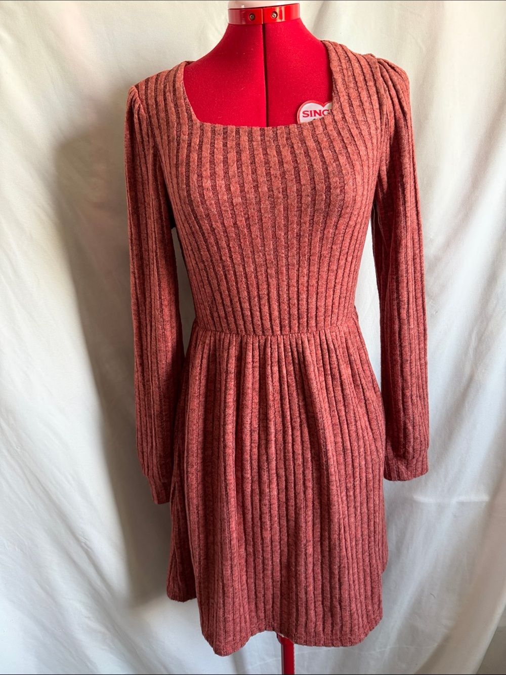 Ribbed Square-Neck Long Sleeve Dress in Rust
